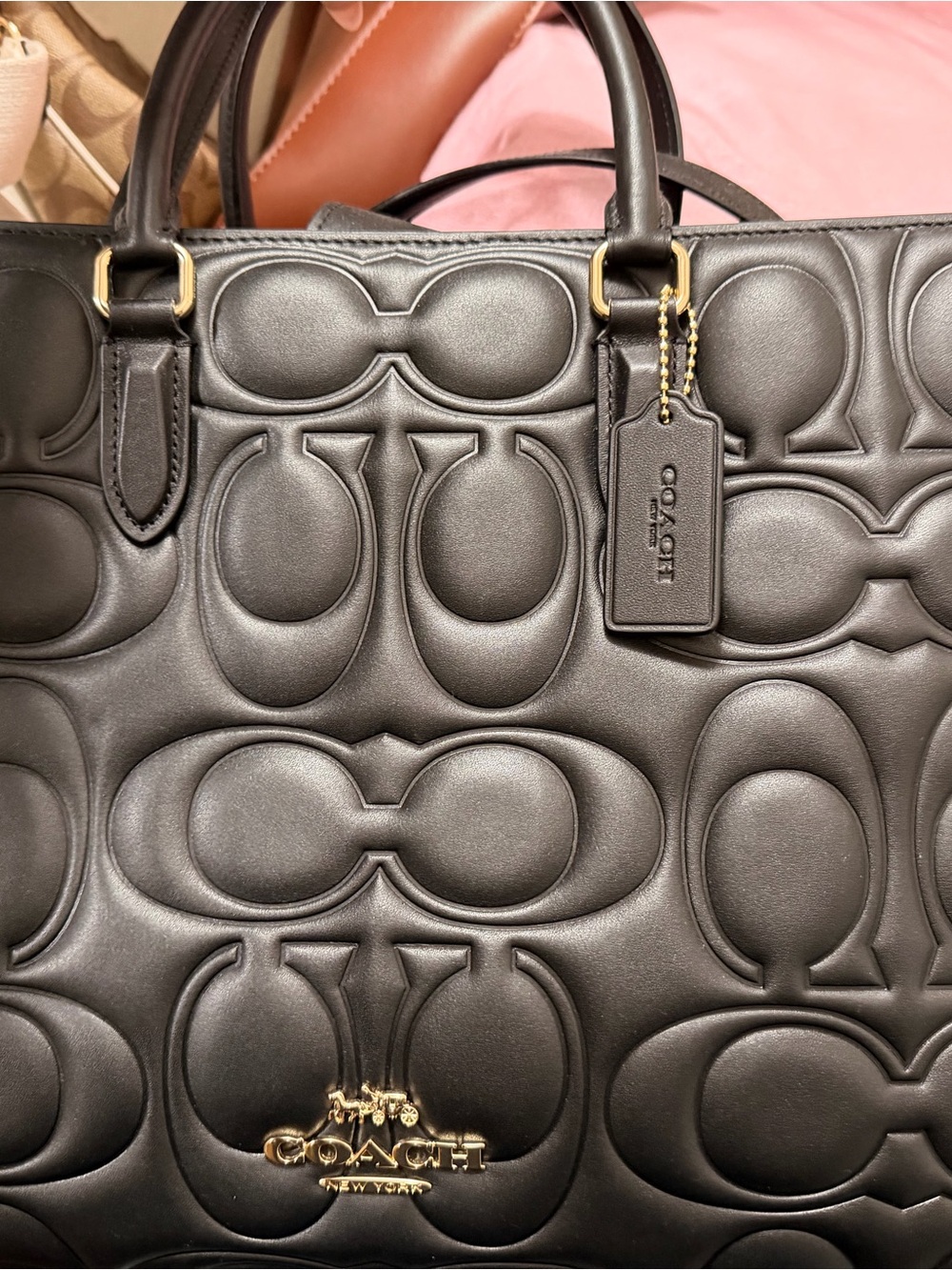 Coach Black Embossed Leather Signature Tote with Gold Hardware